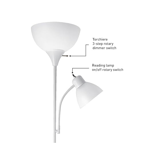 Globe Electric 67136 72" Torchiere Floor Lamp with Adjustable Reading Light, Matte White Finish, Frosted Shades, Rotary Switch on Socket, E26 Base