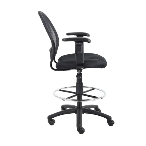 Benzara Rea Drafting Stool Chair, Adjustable Arms, Black Mesh, Chrome Footring