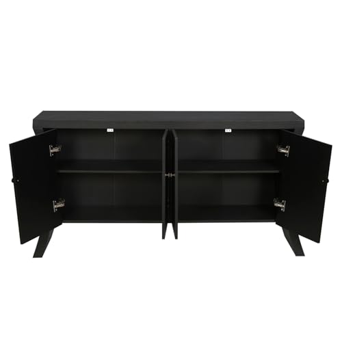 WEALTHKING Industrial Style 4-Door Wooden Credenza with Arc Base & Vintage Clasps - Versatile Storage Cabinet for Living Room, Entryway Console or Home Office Furniture (Black,A)