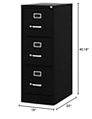 Pemberly Row 22" 3-Drawer Traditional Vertical Metal Filing Cabinet in Black, Lockable, Sturdy Steel Construction, Office or Home Use, Durable and Secure Letter Size Storage