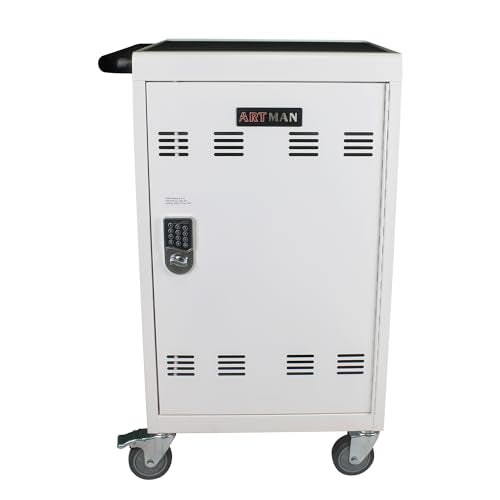 32 Device Charging Cart with Combination Lock, Laptop and Tablet Mobile Charging Cabinet for Up to 16.3" Devices with Cord Management, Desktop Charging and Storage Locker for Classroom or Office.White