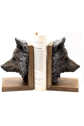 Wolf Head Bookends Set of 2 Industrial Style Book Holders Made of Polished Resin Wood and Marble Pieces for Bookshelves Home Office Decor - Black