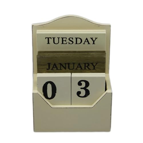 Yuidaaavzz Wood Block Perpetual Calendar Vintage Home Desk Decor DIY Wood Desk Calendar Retro Wooden Environmental Office Decor (White 3.9" W x 5.7" H)
