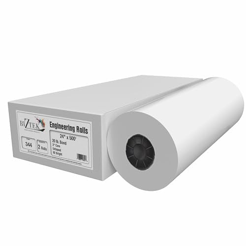 BIZTEK Wide Format Paper 24" x 500' Rolls Bond Engineering (20lb | 2 Rolls, 24 In x 500 Ft | 3" Core)