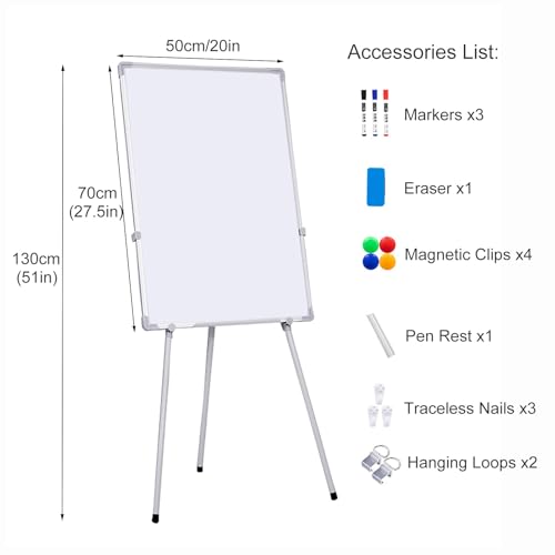 TRUNXUCL Dry Erase Board Double Sided, Standing Whiteboard, Magnetic White Board with Stand, Tripod Height Adjustable(White,50x70cm/20x27.5in)