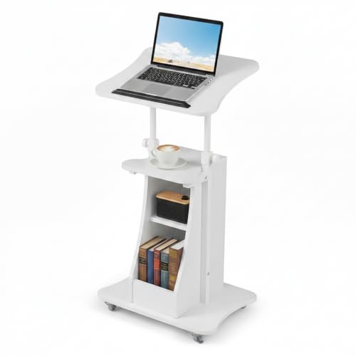 Tangkula Mobile Lectern Podium, Height Adjustable Podium Stand, Standing Sit-to-Stand Desk, Rolling Cart Laptop Desk with Swivel Top Movable Wheels & Storage