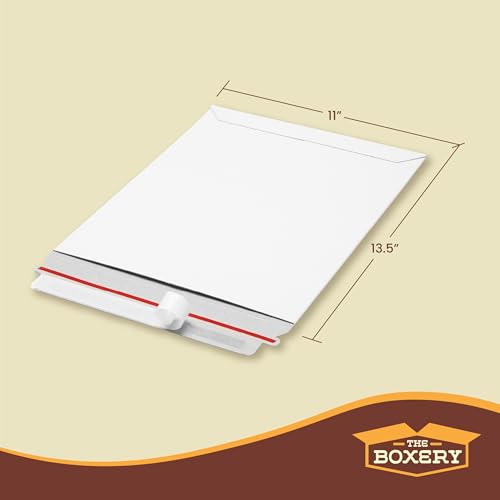 The Boxery White Flat Photo/Document Mailer Envelopes with Peel & Seal Closure-(100 Pack) 11 inch x 13.5 inch Stay Flat Cardboard Ridgid Mailers