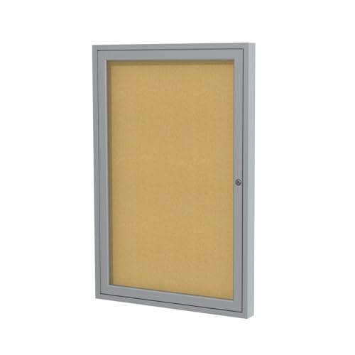 Ghent 24"x18" 1-Door indoor Enclosed Bulletin Board, Shatter Resistant, with Lock, Satin Aluminum Frame - Natural Cork (PA12418K) Made in the USA