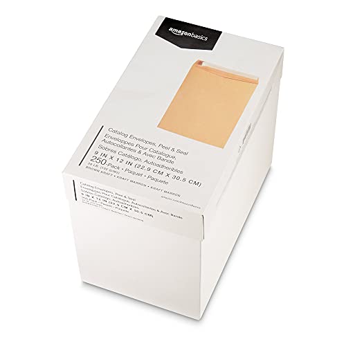 Amazon Basics Catalog Self Seal Mailing Envelopes for Documents, Peel and Seal, 9" x 12", Brown Kraft, 250-Pack