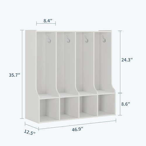 IDEALHOUSE 4-Section Classroom Coat Locker with 4 Cubbies, Daycare Cubby Storage Organizer with 8 Hooks for Home, School, Nursery, Kindergarten, White