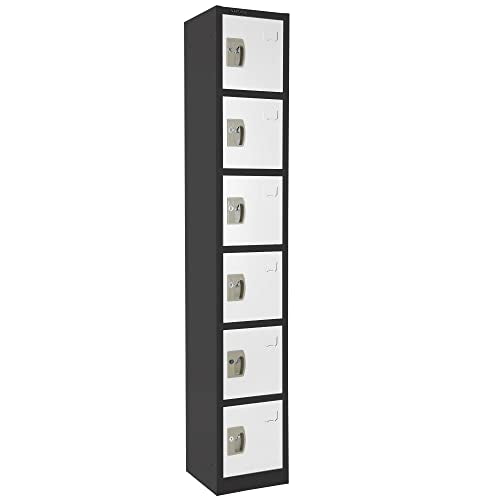 AdirOffice Large School Locker with 6 Doors 6 Hooks Storage Locker - Metal Storage Locker Cabinet Ideal for School, Garage, Office Lockers - (6 Door, Black Body/White Door)