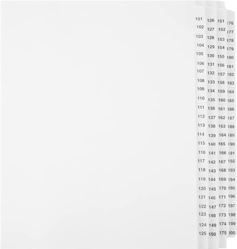 Exhibitindexes® Numbered Dividers 101-200 AVE Style Bold Font Tabs Made in USA