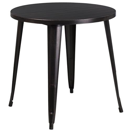 BizChair Commercial Grade 30" Round Black-Antique Gold Metal Table Set-2 Arm Chairs