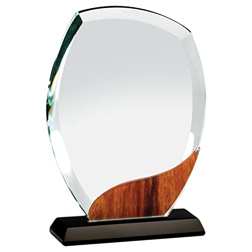SHOP AWARDS AND GIFTS 7-1/4 Inch Optical Crystal Beveled Round Award with Wood Grain Accent on Black Base, Can Be Personalized