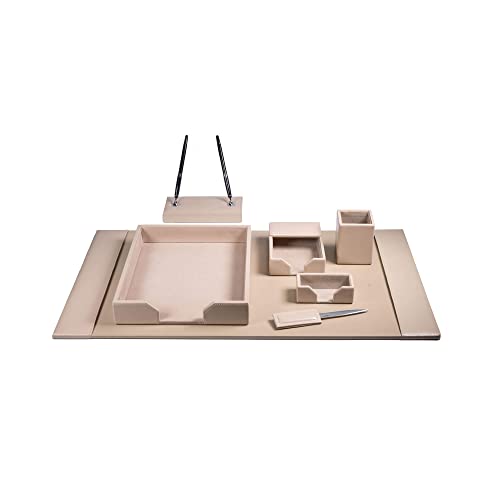Dacasso Bonded Set Luxury Leather Desk Pad & Desk Organization Essentials, 7 Piece, White Latte