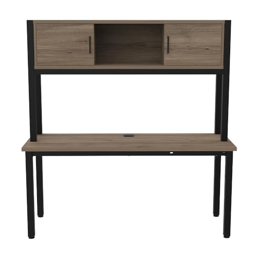 NBF 60" W Credenza Desk with Hutch - Industrial Computer Desk with Open and Concealed Storage - Cortez Office Storage Furniture with Steel Grommet for Cable Management, Driftwood Gray