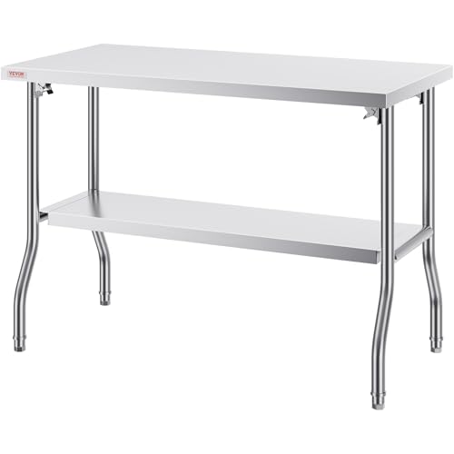 VEVOR Stainless Steel Foldable Work Table, 48 * 24 Inch Heavy Duty Food Outdoor Double Layer Stainless Steel Worktable for Commercial Kitchen Restaurant