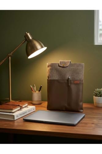 Large Book and Agenda Cover Pouch, Brown Faux Leather Front, Woven Fabric Back, Handmade Design, Features Front Pocket for Notes, Pens, Phone, appropriate for Books and Planners