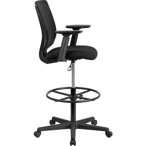 Ergonomic Mesh Drafting Stool with Adjustable Arms, Lumbar Support & Height-Control Foot Ring – Swivel Mid-Back Drafting Chair for Office or Studio, Black
