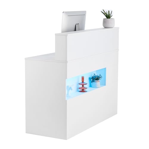 VEVOR Reception Desk, 47 Inch Rectangular Front Counter Table, Office Reception Desk with LED Light, 2 Drawers and Power Outlets, for Checkout, Lobby, Beauty Salon and Office, White