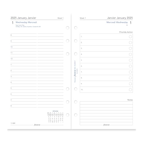 Filofax Calendar Diary Refill, Personal/Compact Size, Day on Two Pages with Appointments, White Paper, Bilingual, 2025 (C68417-25)