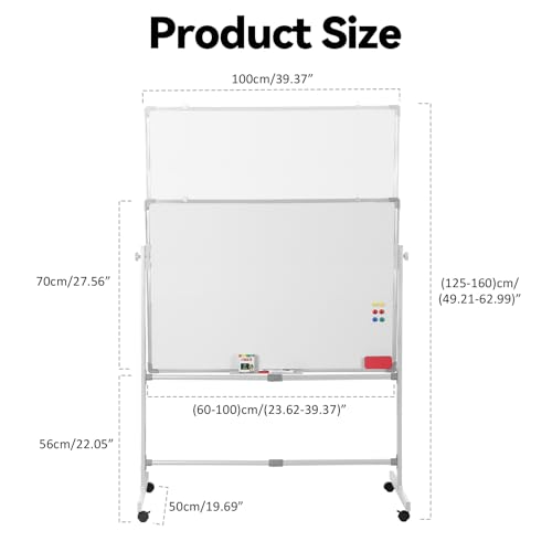 Mobile Rolling Double Sided Magnetic Whiteboard Easel on Wheels, Height Adjustable Steel Frame Dry Erase & Chalk Board with Lockable Casters, Accessory Kit for Office Classroom Home Teacher Supplies
