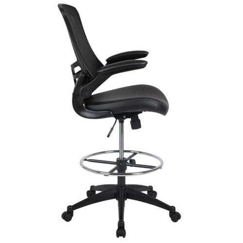 Pemberly Row Modern Mid Back Mesh Leather Drafting Chair, Black Finish, Adjustable Height, Lumbar Support, Flip-Up Arms, Tilt Lock Mechanism, Chrome Foot Ring, Ergonomic Office Chair for Tall Desks