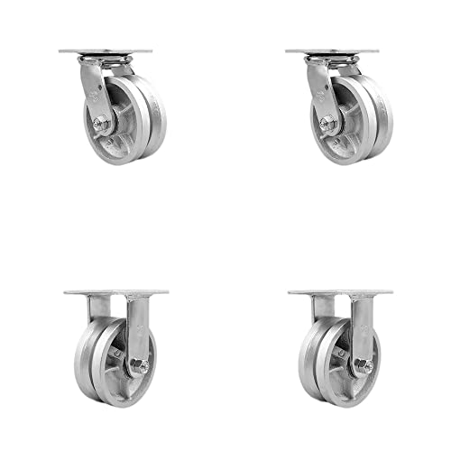 Heavy Duty Swivel Caster Set of 4 with 5 Inch V Groove Semi Steel Cast Iron Wheels and Ball Bearings - Includes 2 Swivel and 2 Rigid - 4,400 lbs. Total Capacity - Service Caster Brand