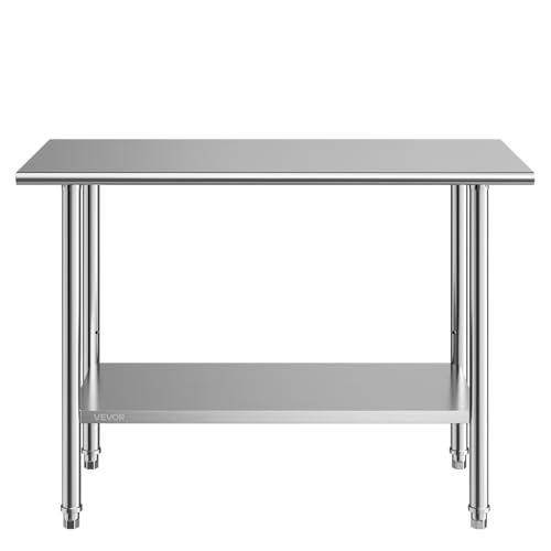 VEVOR Stainless Steel Work Table, 24x48 Inch Food Prep Table, Commercial Kitchen Workstation with Adjustable Undershelf, Metal Heavy Duty Utility Worktable, for Restaurant Home Hotel Garage Outdoor