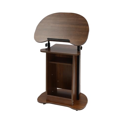 Mobile Height Adjustable Podium Stand, Portable Wood Lectern with Wheels, 0-90° Tilting Desktop & Storage Shelf, for Church Classroom Lecture, Standing Laptop Cart (Brown)