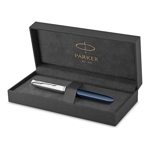 Parker 51 Fountain Pen, Midnight Blue Barrel, Chrome Trim, Fine Nib, Black Ink Cartridge, Gift Box