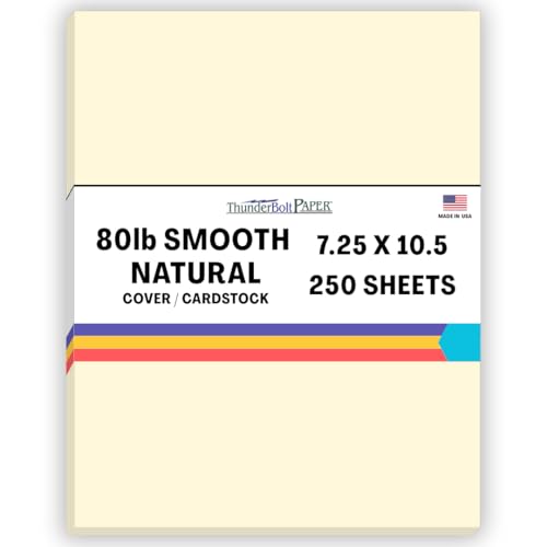 250 Natural Smooth Card Stock Sheets Paper - 7.25 X 10.5 Inches Executive Size - 80# (80 lb/Pound) Cover Weight - Soft Cream White Color - Quality Paper - Smooth Finish