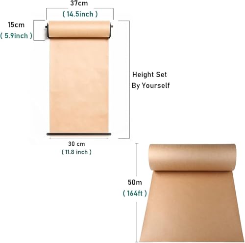 Kraft Paper Roll Holder & Dispenser Studio Office Kraft Paper Dispenser & Cutter with 50m Long Paper Roll, Kraft Paper Holder for To-Do Lists, Drawing Board Wall Mount No，Black Holder 37cm/14.5