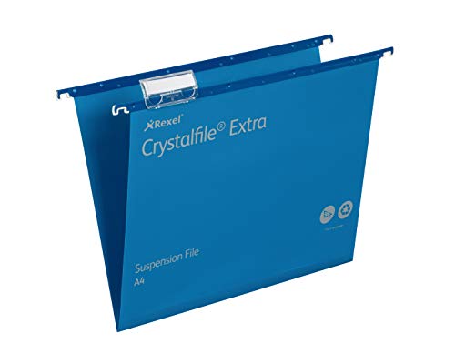 Rexel A4 Heavy Duty Suspension Files with Tabs and Inserts for Filing Cabinets, 15 mm V Base, Polypropylene, Blue, Crystalfile Extra, Pack of 25, 70636