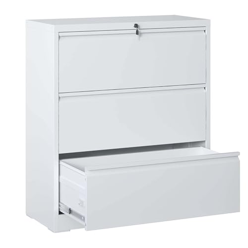 Merax WideFile Cabinet 3 Drawer, White Filing Cabinet with Lock Home Office