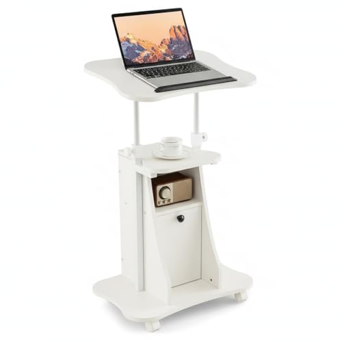 Tangkula Mobile Laptop Podium, Height Adjustable Sit to Stand Desk with Tilting Desktop & Storage Cabinet, Ergonomic Rolling Lectern Cart Laptop Desk, Office Podium Stand on Wheels