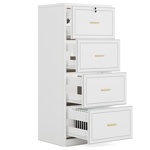 LITTLE TREE 4-Drawer File Cabinet with Lock, Large Vertical Storage Cabinet, Secure Space-Saver for Home Office, Compatible with A4/F4/Letter/Files, Filing Cabinets for Home Office (White, MDF)