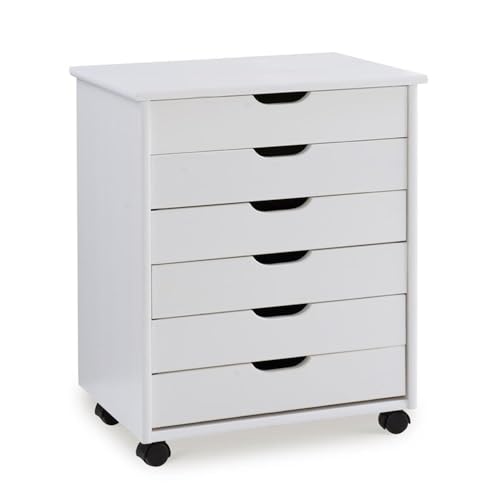 Riverbay Furniture Six Drawer Wood Rolling Cart, 20.75" w x 15.13" d x 25.5" h, White Wash Finish, Wide Drawers, Contoured Handles, Mobile Storage for Office, Kitchen, Bedroom
