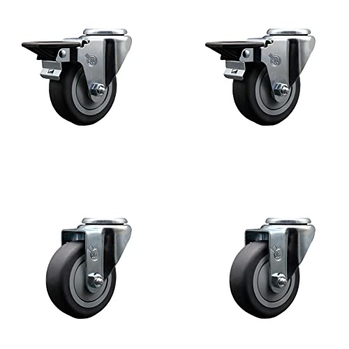 Thermoplastic Rubber Swivel Bolt Hole Caster Set of 4-3.5" x 1.25" Gray Wheels - Includes 2 with Posi Locking Brakes - 920 lbs Total Capacity - Service Caster Brand