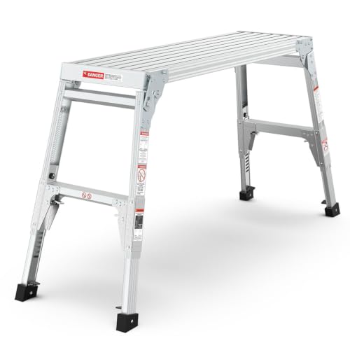 LMAOSS Aluminum Work Platform, Folding Step Stool with Telescoping Legs, Adjustable Height Portable Platform Ladder, Non-Slip Work Stand for Painting, Car Washing, Home Repair, Camping
