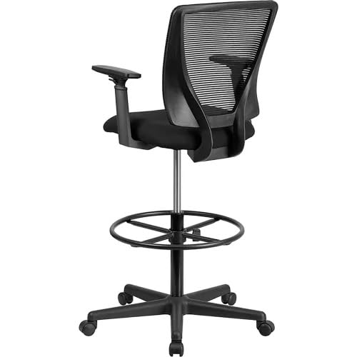 Ergonomic Mesh Drafting Stool with Adjustable Arms, Lumbar Support & Height-Control Foot Ring – Swivel Mid-Back Drafting Chair for Office or Studio, Black