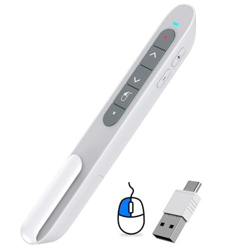 DinoFire Wireless Presentation Remote with Air Mouse White, RF 2.4GZ Rechargeable USB C Slide Clicker for Powerpoint Presentations for Laptop/Computer/MAC