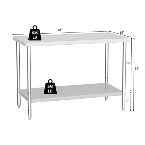 FRESHSTEEL Stainless Steel Table 24×48 Inches, Heavy Duty Commercial Prep Table with Stainless Steel Undershelf and Feet Work Table for Restaurant Kitchen, Garages and Outdoor
