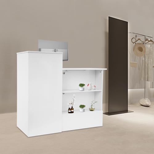 Pazcii Modern Reception Desk 47.2in, Floorstanding Counter w/Lockable Drawer & Open Shelves, MDF Metal Cabinet Workspace for Office, Store, Restaurant, Salon Ct (Warm White Right High)