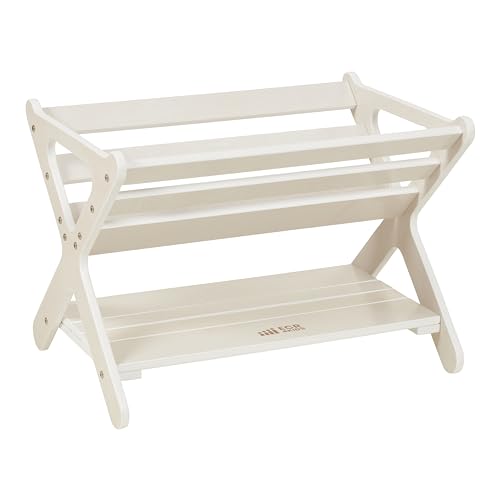 ECR4Kids Wooden Book Caddy with Storage Shelf and Handles, White Wash