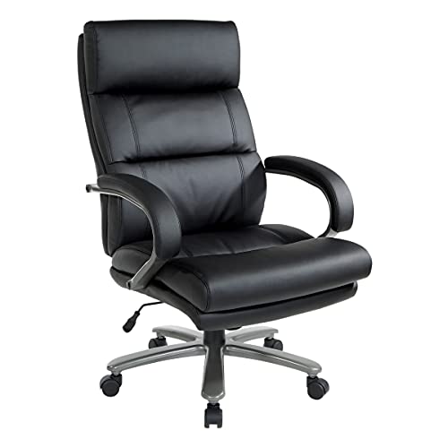 Office Star ECH Series Big and Tall Bonded Leather High Back Executive Chair with Lumbar Support, Padded Loop Arms and Titanium Base, Black