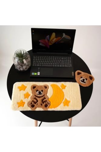 Teddy Bear Keyboard Wrist Rest Pad Tufted Keyboard Mat Non-Slip Base for Desk Comfort Ergonomic Support Soft Acrylic Yarn Handmade for Office Home Decor 15.7 x 7.9 inches - Ecru, 39x79 inch