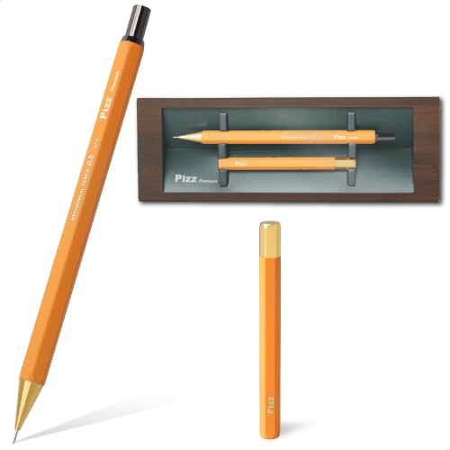 Pizz Premium Hexagonal Brass Mechanical Pencil Set with Matching Lead Case, 0.5mm Slim Pencil-Style Drafting Pencil, Gift Box Included, Made in Japan - Bright Yellow