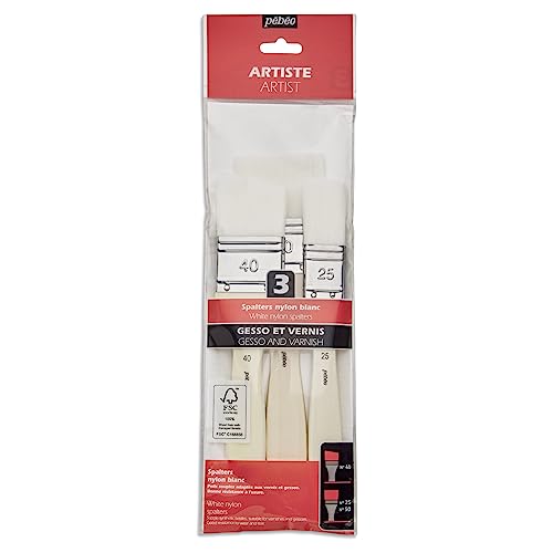 Pebeo Gesso Varnish Brush, White Synthetic Fiber, Pack of 3 (Flat 1.0, 2.0, 2.0 inches (50 mm), Angular 1.6 inches (40 mm), FSC Certified Shaft