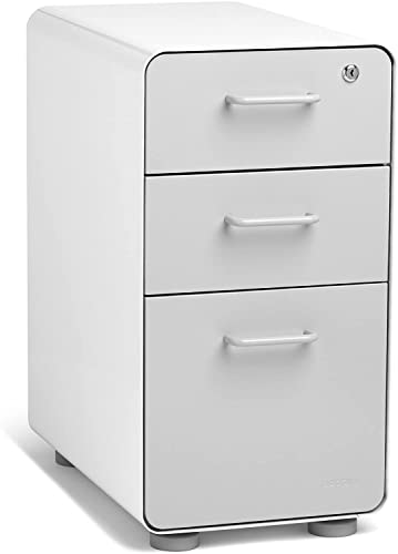 Poppin Slim Stow 3-Drawer File Cabinet - White + Light Gray. 2 Utility Drawers and 1 Vertical Hanging File Drawer. Fully Painted Inside and Out. Powder-Coated Steel. Two Keys Included